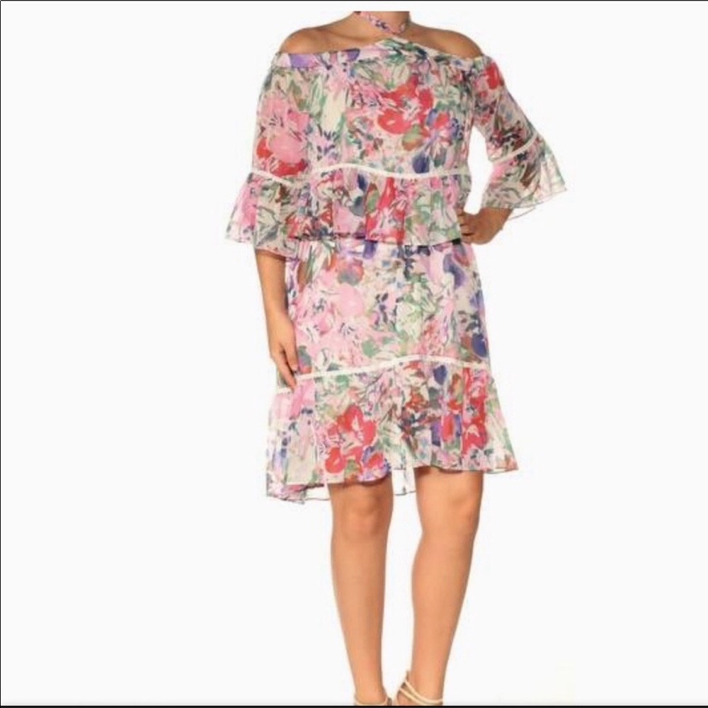 RACHEL ROY OFF THE SHOULDERS FLORAL RUFFLE DRESS